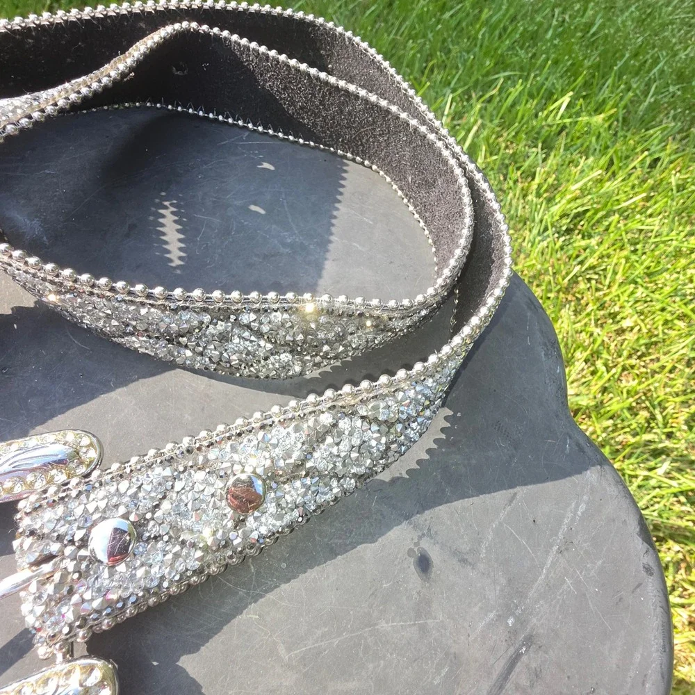 Western Rhinestone Crystal Belt Genuine Leather Silver Buckle Y2K Cowgirl S/M